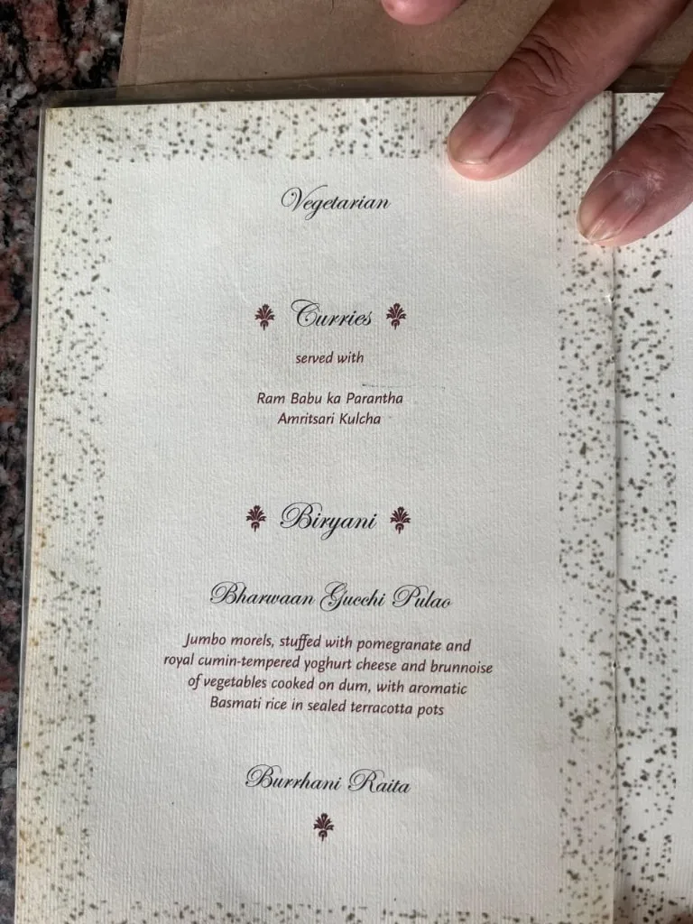 Vegetarian curries and biryani menu card